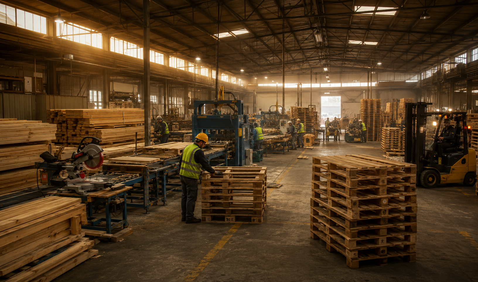 Khu kho pallet gỗ với sản phẩm được xếp gọn theo lô